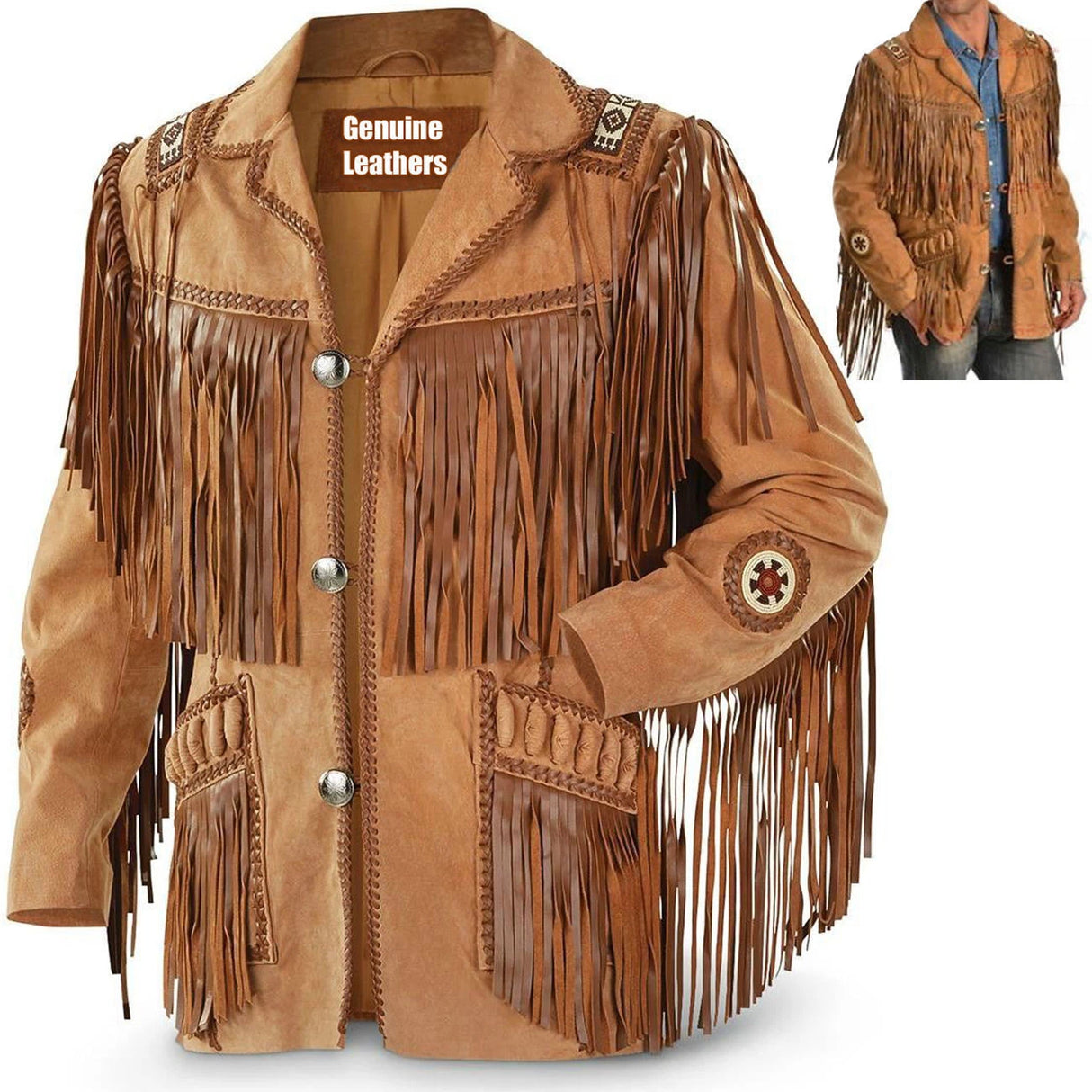 Men’s Vintage Western Fringe Jacket with Suede Leather & Beaded Design