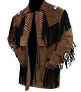 Men’s Western Cowboy Suede Leather Fringe Jacket with Beaded Native American Design