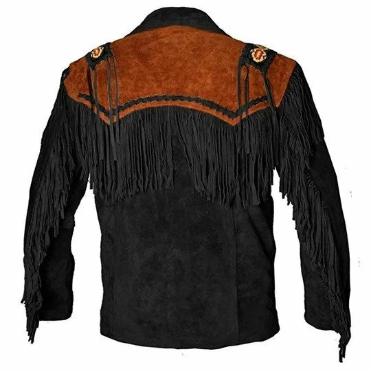 Men’s Western Suede Leather Cowboy Jacket with Native American Fringe – Classic Western Wear