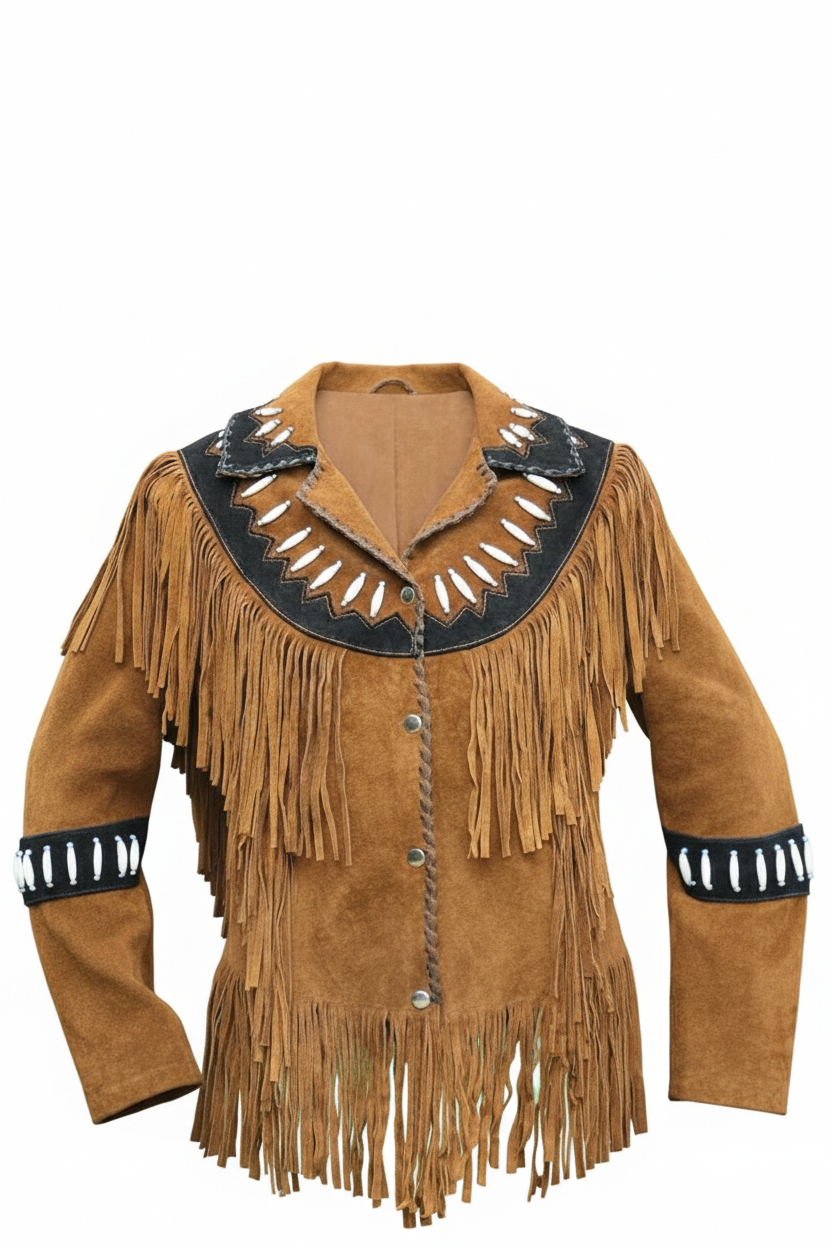 Women’s Brown Suede Leather Western Fringe Jacket with Beadwork