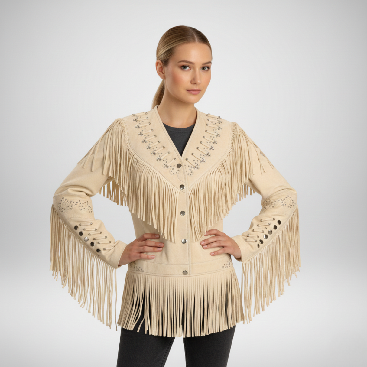 Women’s Western Leather Jacket with Fringes & Beadwork – Cream Real Leather
