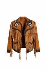 Women’s Brown Suede Western Fringe Jacket with Beaded Accents – Cowboy Style