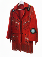 Women’s Premium Red Suede Leather Fringed Jacket – Hand-Beaded Western Style