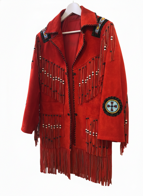 Women's Premium Red Suede Leather Native American Jacket – Fringed & Hand-Beaded Western Style
