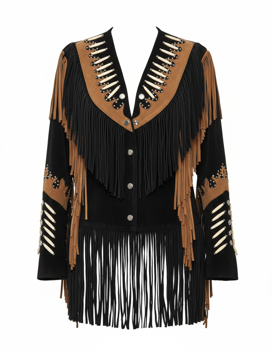 Women’s Two-Tone Black & Brown Suede Western Fringe Jacket with Beads – Cowboy Style