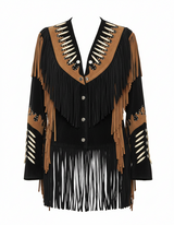 Women’s Two-Tone Black & Brown Suede Western Fringe Jacket with Beads – Cowboy Style