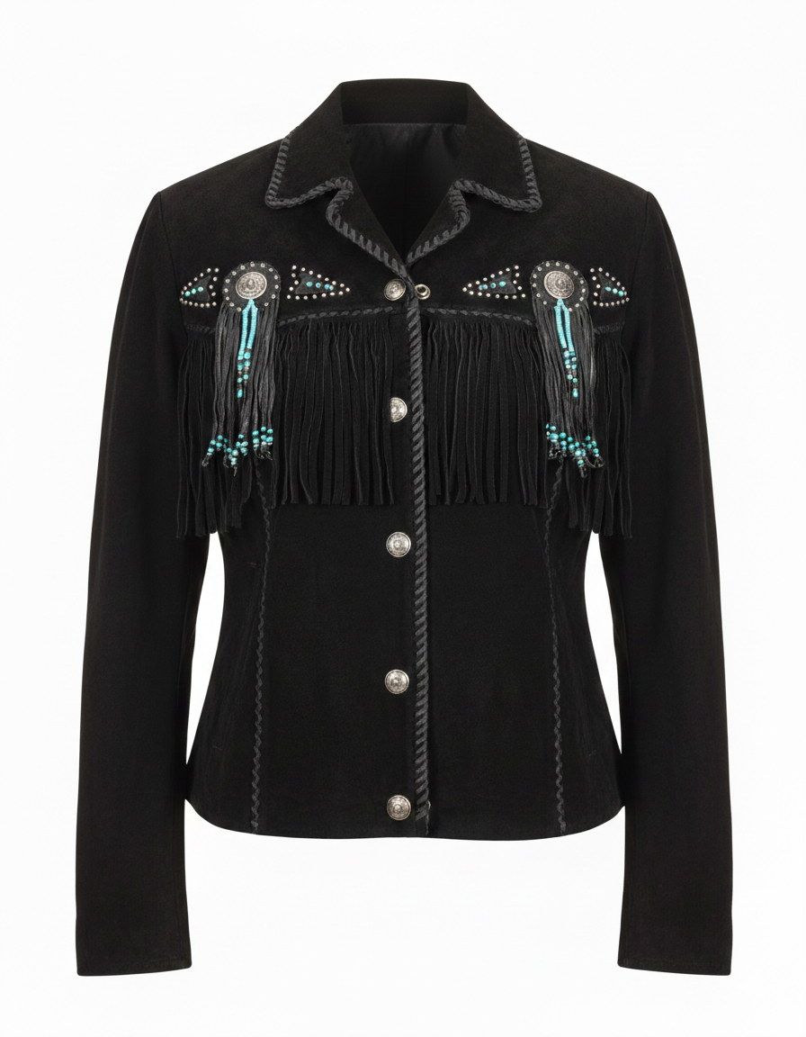 Women’s Black Suede Western Fringe Jacket with Beads – Cowboy Style