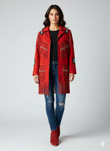 Women’s Premium Red Suede Leather Fringed Jacket – Hand-Beaded Western Style