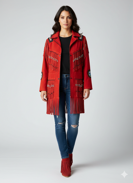 Women’s Premium Red Suede Leather Fringed Jacket – Hand-Beaded Western Style