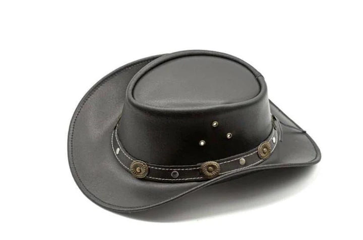 Premium Waterproof Genuine Black Leather Cowboy Hat Western Style