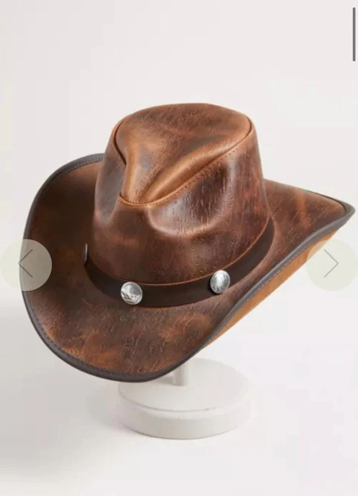 Classic Brown Western Cowboy Hat – Genuine Leather, Unisex Style