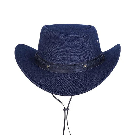 Denim Western Cowboy Hat with Braided Leather Band & Secure Adjustable Chin Strap