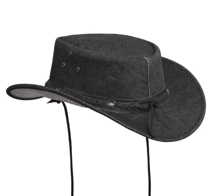 Black Denim Cowboy Rancher Hat with Braided Leather Band
