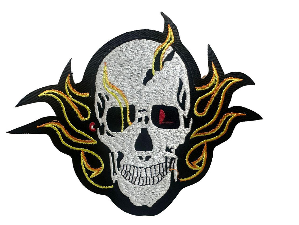 WCEP10 SKULL WITH FLAMES LARGE MOTORCYCLE EMBROIDERY PATCH IRON ON PATCH