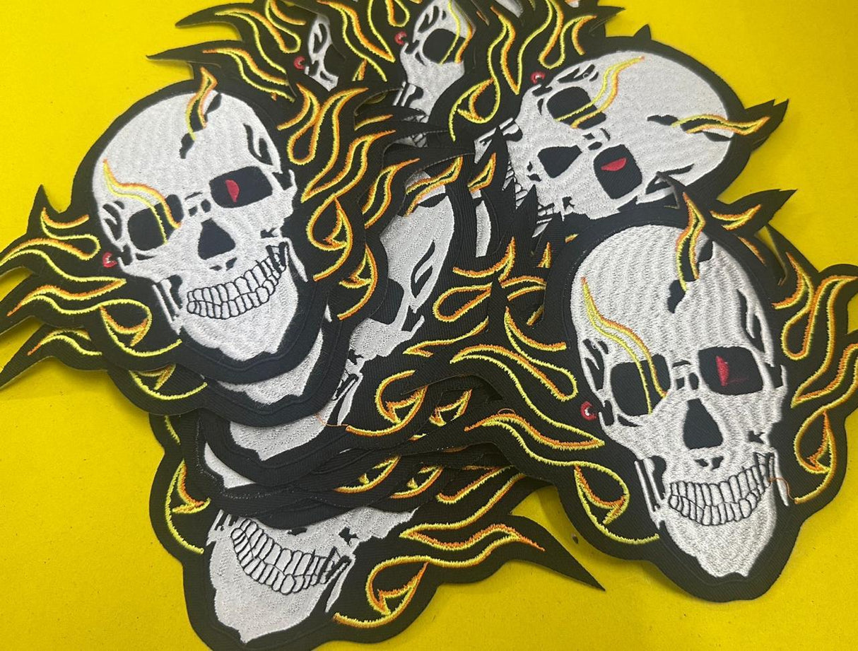 WCEP10 SKULL WITH FLAMES LARGE MOTORCYCLE EMBROIDERY PATCH IRON ON PATCH