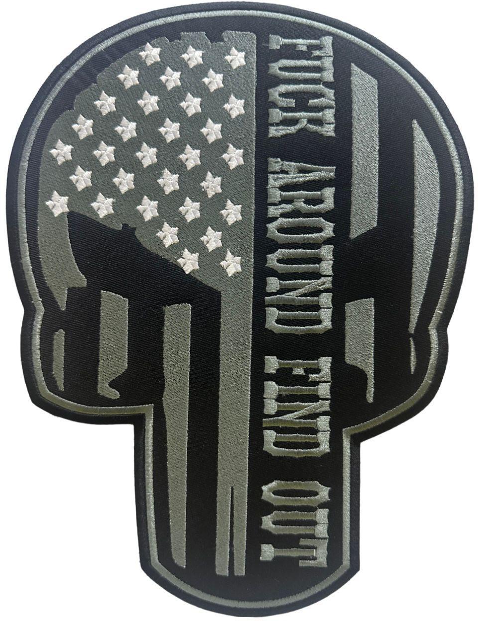 WCEP13 SKULL WITH DARK GREY STRAPS (F**K AROUND MOTORCYCLE PATCH EMBROIDERY IRON ON PATCH