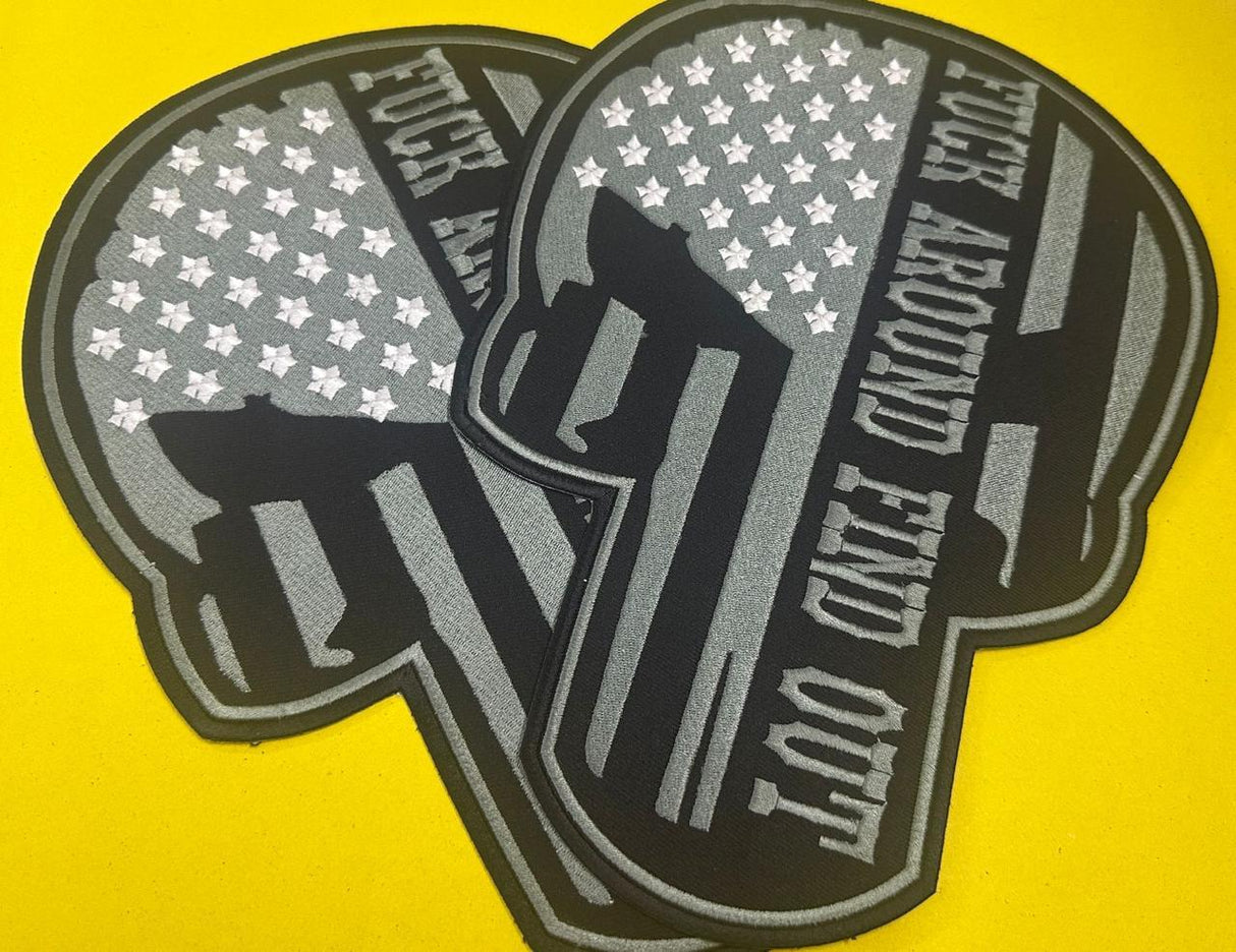 WCEP13 SKULL WITH DARK GREY STRAPS (F**K AROUND MOTORCYCLE PATCH EMBROIDERY IRON ON PATCH