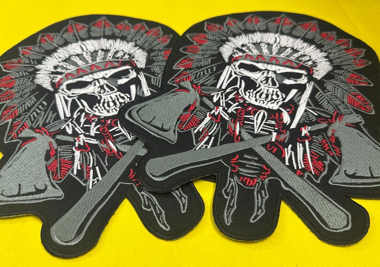 WCEP16 RED INDIAN SKULL WITH SAW IN BOTH HANDS  MOTORCYCLE PATCH EMBROIDERY IRON ON PATCH