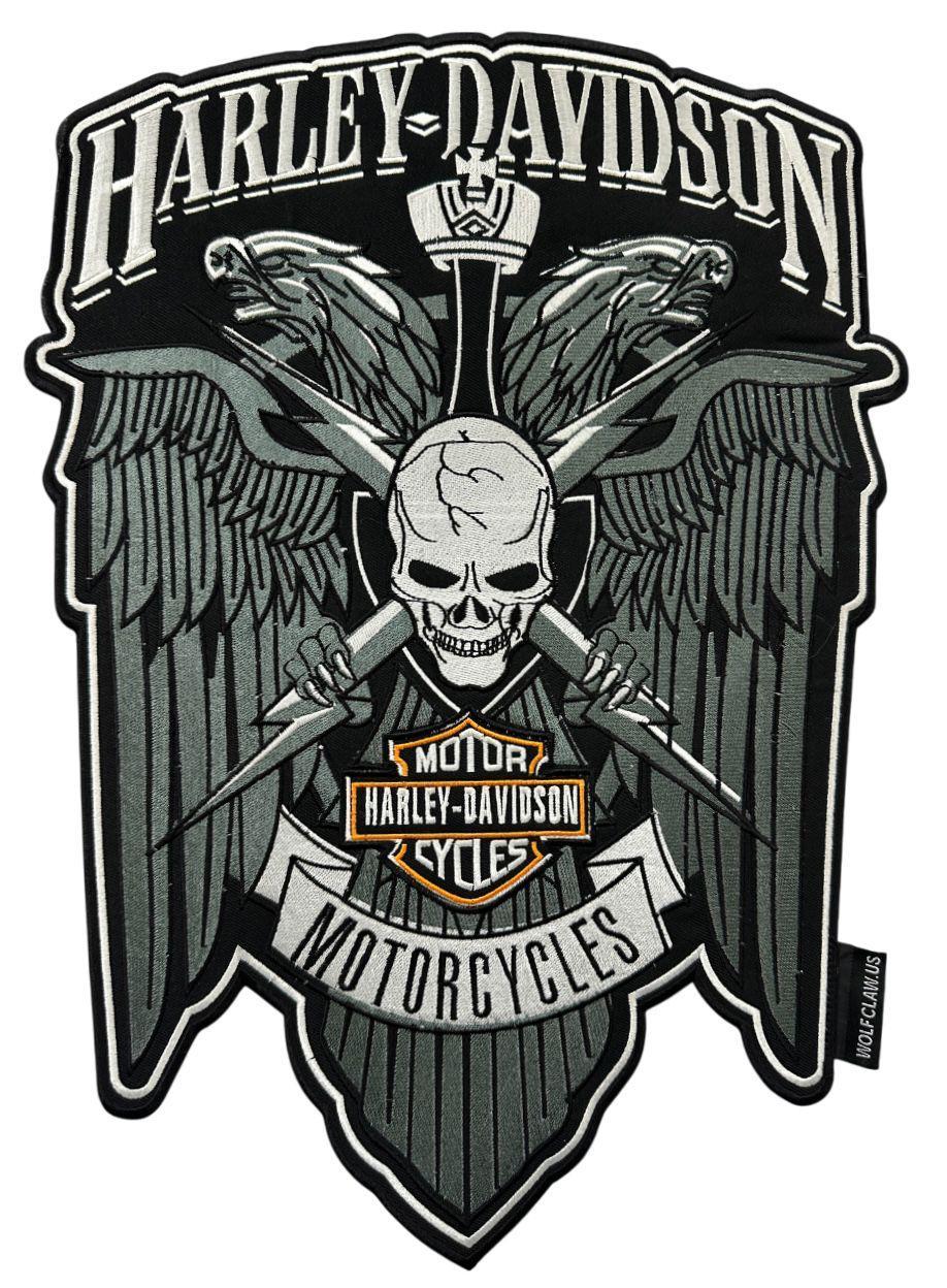 WCEP59 EAGLE SKULL SWORD WITH WINGS HARLEY DAVIDSON MOTORCYCLE (GREY+WHITE)E DESIGN DESIGN MOTORCYCLE PATCH EMBROIDERY IRON ON PATCH