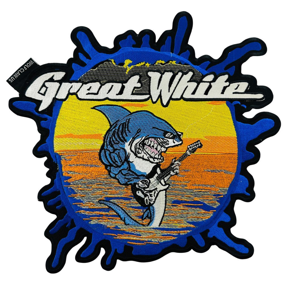 WCEP65 GREAT WHITE SHARK ( SHARK WITH GUITAR ) DESIGN ( L. GREY+BLACK ) DESIGN DESIGN MOTORCYCLE PATCH EMBROIDERY IRON ON PATCH