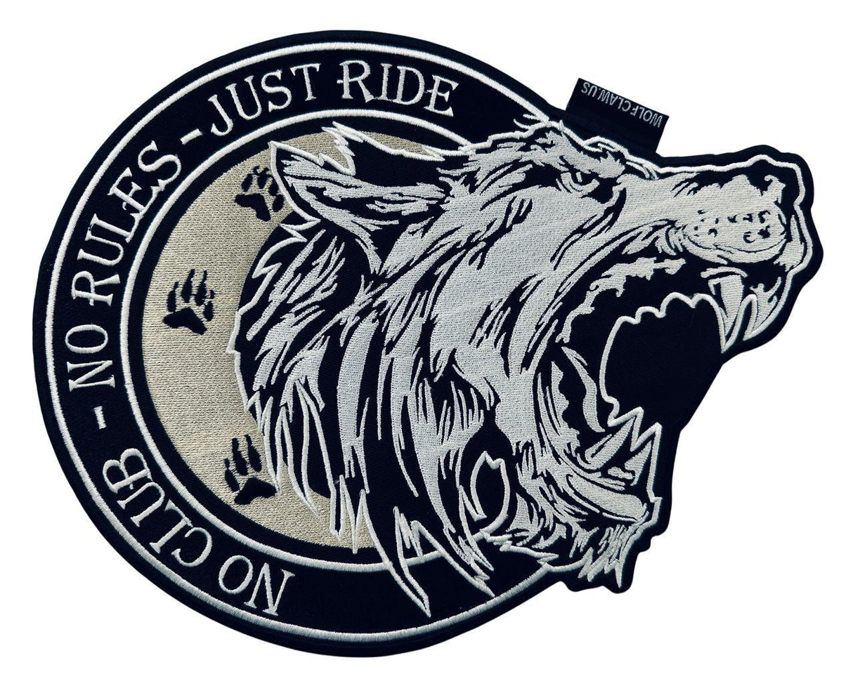 WCEP67 NO CLUB-NO RULES-JUST RIDE WITH WOLF FACE  DESIGN MOTORCYCLE PATCH EMBROIDERY IRON ON PATCH
