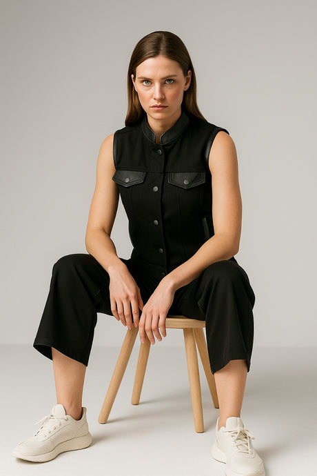 Women's Black Denim Motorcycle Club Vest - denim vest - Front View