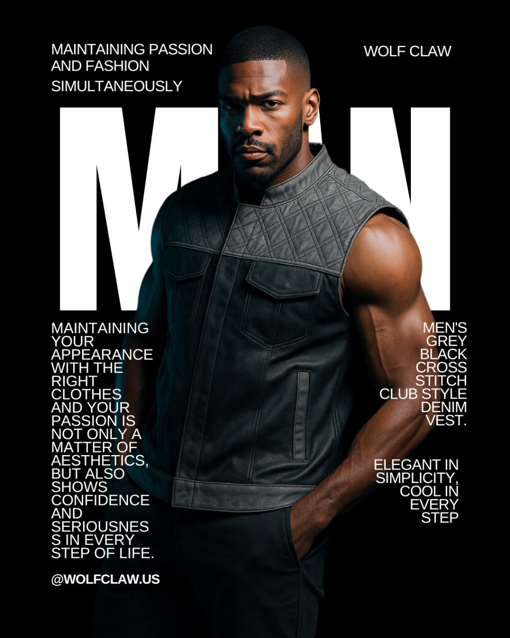 Men's Grey Black Cross Stitch Club Style Cow Natural Leather Vest.