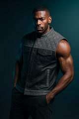 Men's Grey Black Cross Stitch Club Style Cow Natural Leather Vest.