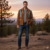 Vintage Brown Western Cowboy Suede Fringe Jacket for Men with Traditional Native American Beadwork