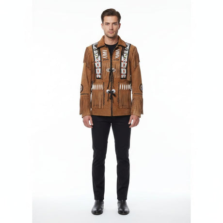 Men’s Western Cowboy Suede Fringe Jacket – Beaded Native American Style Leather Jacket