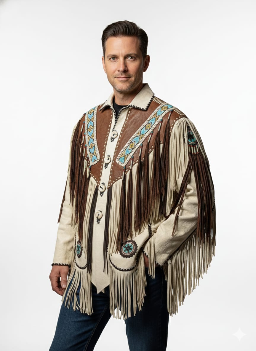 Men’s Western Cowboy Real Leather Fringe Jacket with Beaded Native American Design