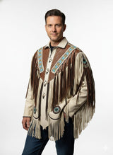 Men’s Western Cowboy Real Leather Fringe Jacket with Beaded Native American Design