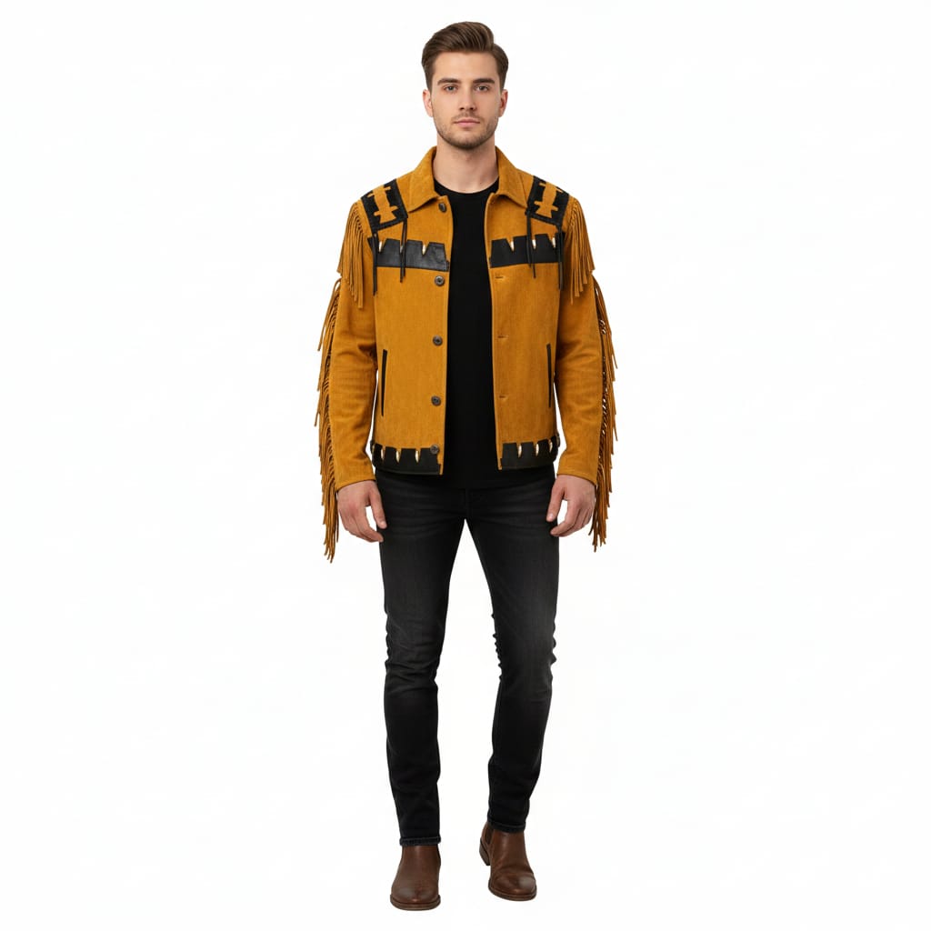 Men’s Western Cowboy Suede Leather Fringe Jacket with Beaded Native American Design
