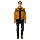 Men’s Western Cowboy Suede Leather Fringe Jacket with Beaded Native American Design