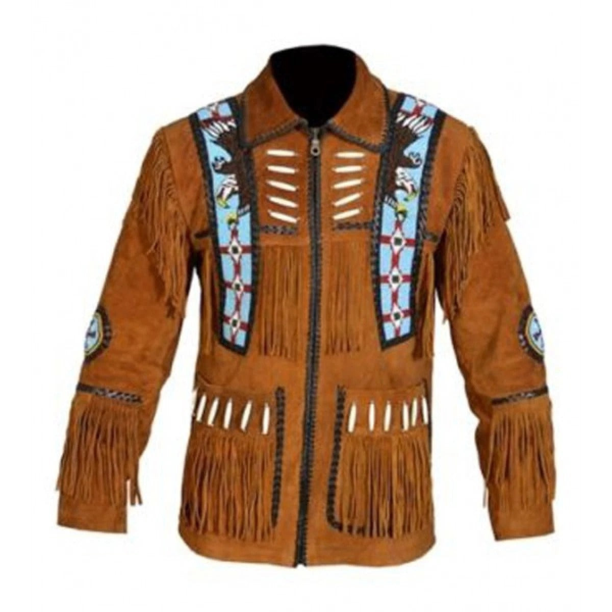 Men’s Western Suede Leather Fringe Jacket with Beadwork Vintage Cowboy Style