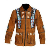 Men’s Western Suede Leather Fringe Jacket with Beadwork Vintage Cowboy Style