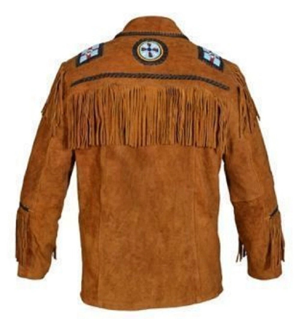 Men’s Western Suede Leather Fringe Jacket with Beadwork Vintage Cowboy Style