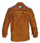 Men’s Western Suede Leather Fringe Jacket with Beadwork Vintage Cowboy Style