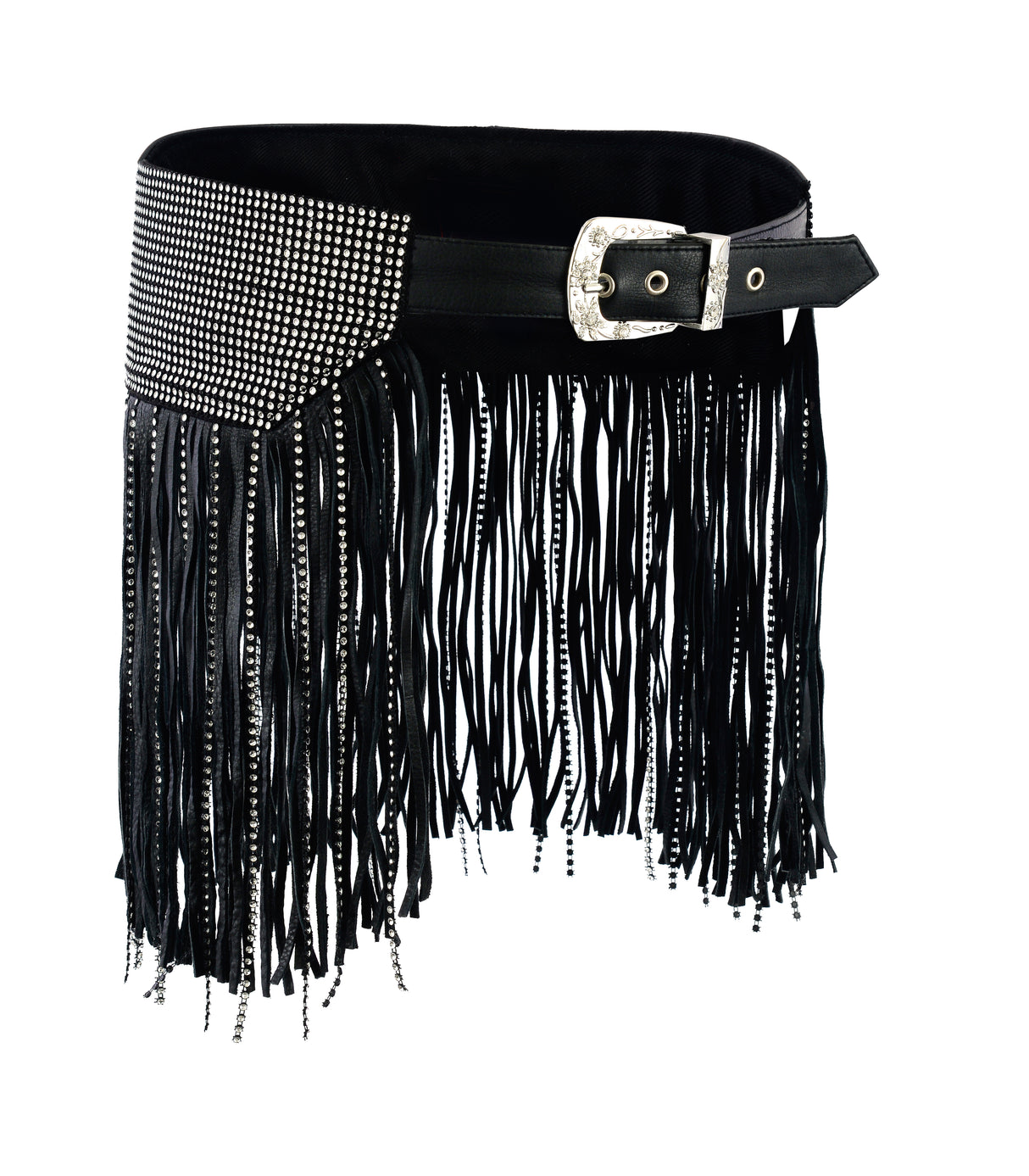 Women Black Tassel Bling Leather Hip Belt