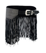 Women Black Tassel Bling Leather Hip Belt