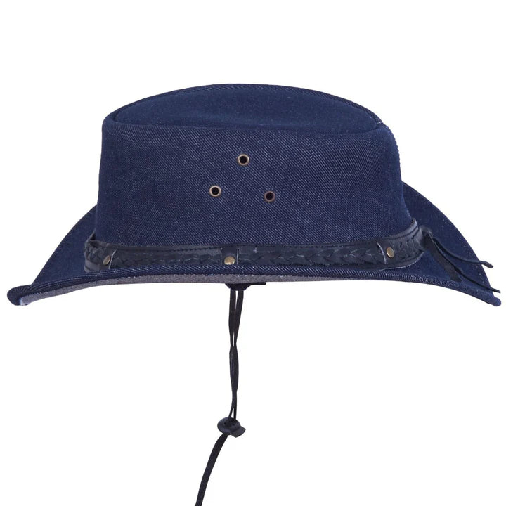 Denim Western Cowboy Hat with Braided Leather Band & Secure Adjustable Chin Strap