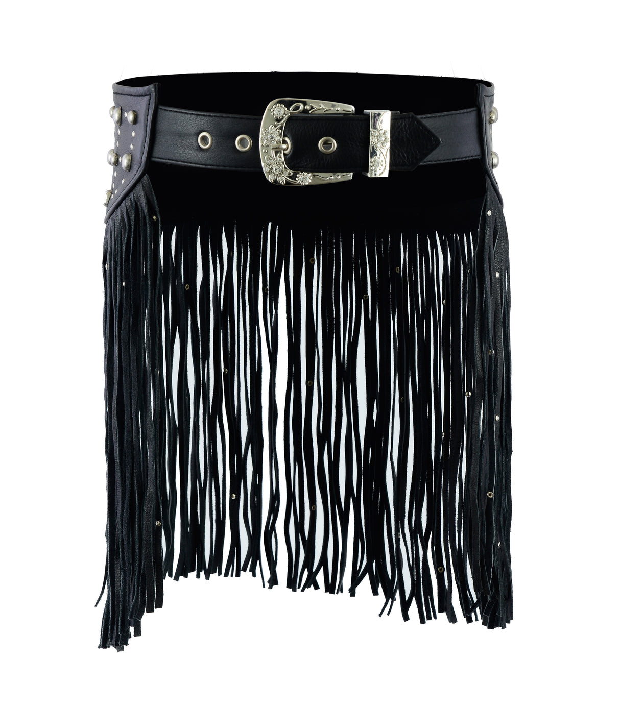 Women Black Tassel Studded Leather Hip Belt