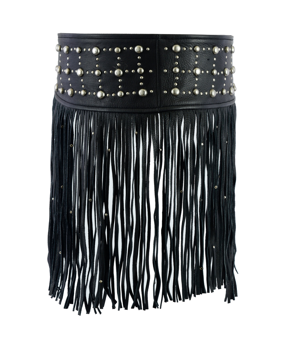 Women Black Tassel Studded Leather Hip Belt