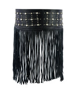 Women Black Tassel Studded Leather Hip Belt