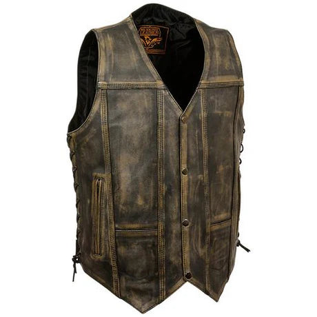 WC0453RUB-BRN Antique Brown Men's Leather Vest 10 Pockets Biker Real Cowhide - Men Leather Vests - Front View