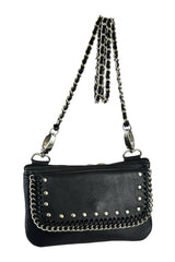 Black Studded Chain Hip Clip Leather Bag