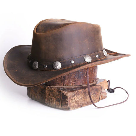 Brown Leather Cowboy Western Hat with Conchos & Leather Band