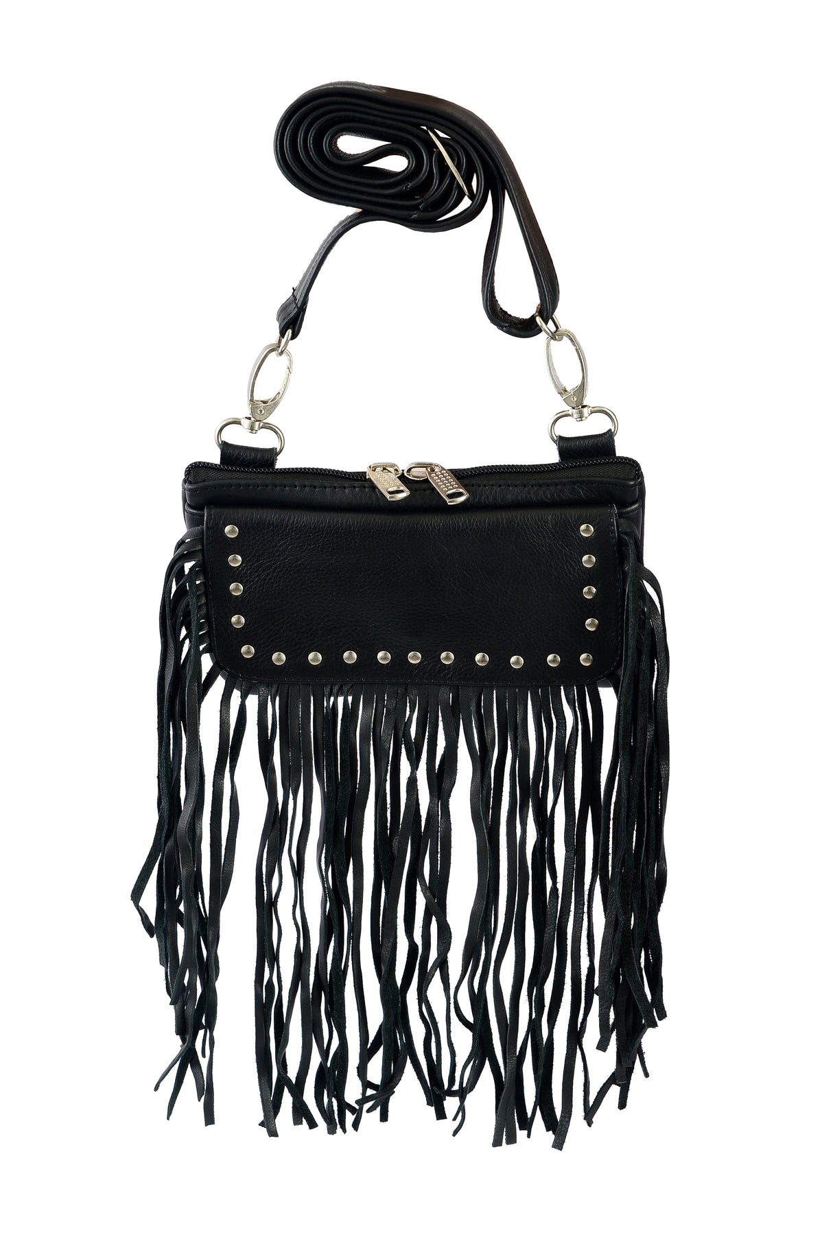 Black Fringe and Studded Hip Clip Leather Bag