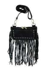 Black Fringe and Studded Hip Clip Leather Bag