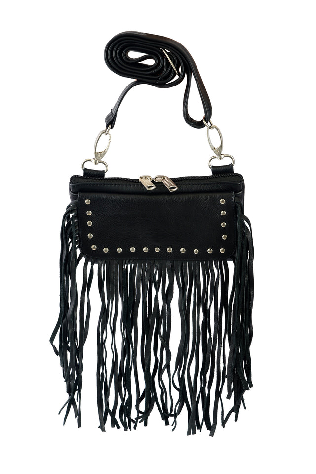 WC15108FRINGE FRINGE Women Leather Hip Clip FRINGE Purse Bag Fringe & Stud Waist Bag Fanny Pack Motorcycle - Leather bags - Front View